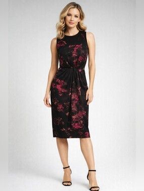 Calvin Klein Black Careerwear Midi Cocktail Party Dress Floral Print. Size 2